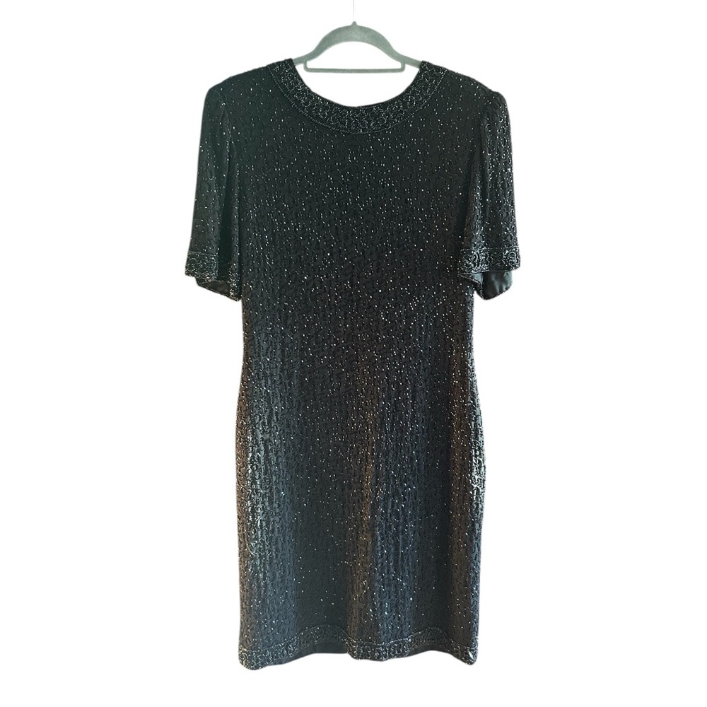 VINTAGE LAWRENCE‎ KAZAR Beaded Little Black Dress Short Sleeve L